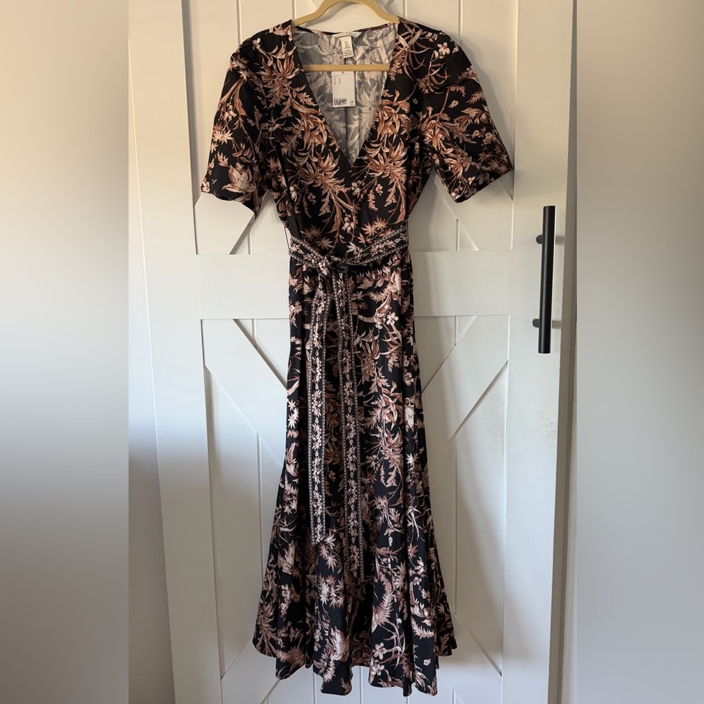 NWT H&M Black Floral Wrap Dress with Pink Botanical Print